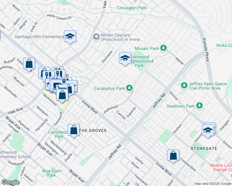 map of restaurants, bars, coffee shops, grocery stores, and more near 114 Guinness in Irvine
