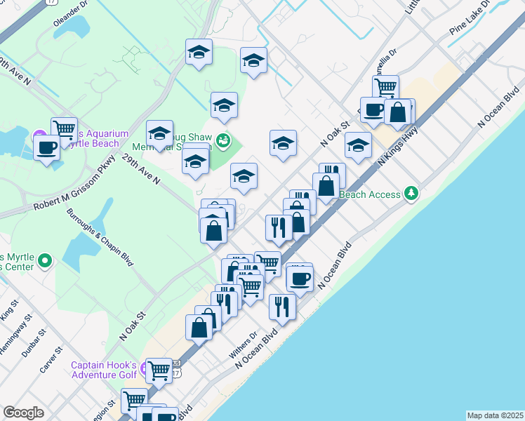 map of restaurants, bars, coffee shops, grocery stores, and more near 520 31st Avenue North in Myrtle Beach