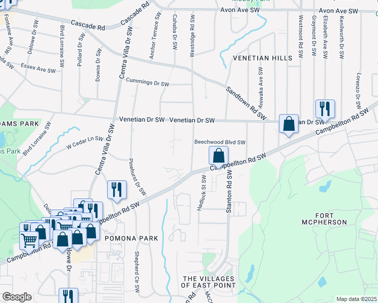 map of restaurants, bars, coffee shops, grocery stores, and more near 1581 Willowbrook Drive Southwest in Atlanta