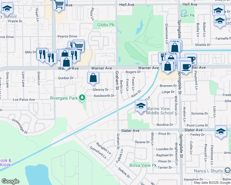 map of restaurants, bars, coffee shops, grocery stores, and more near 17192 Saint Andrews Lane in Huntington Beach