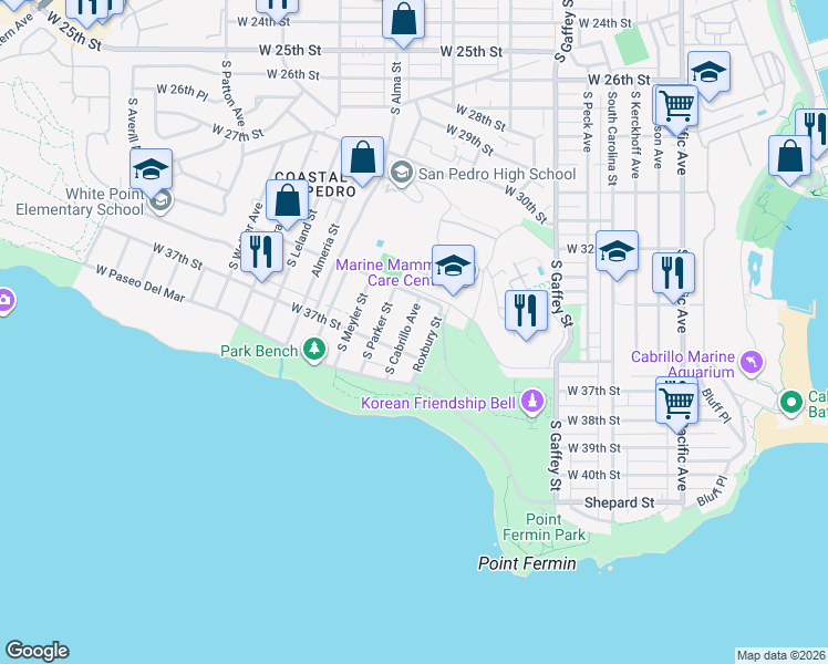 map of restaurants, bars, coffee shops, grocery stores, and more near 3636 South Cabrillo Avenue in Los Angeles