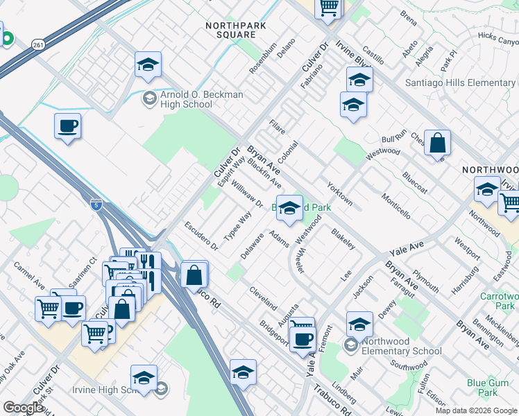 map of restaurants, bars, coffee shops, grocery stores, and more near 13652 Typee Way in Irvine