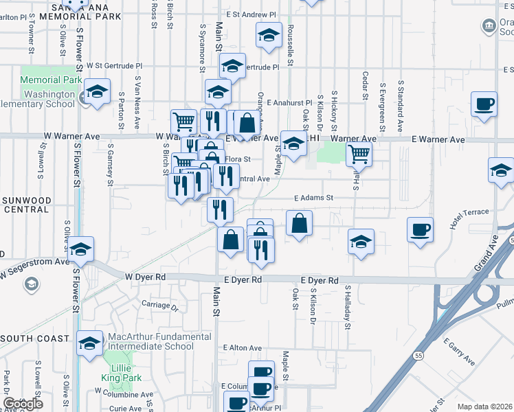 map of restaurants, bars, coffee shops, grocery stores, and more near 2535 South Orange Avenue in Santa Ana