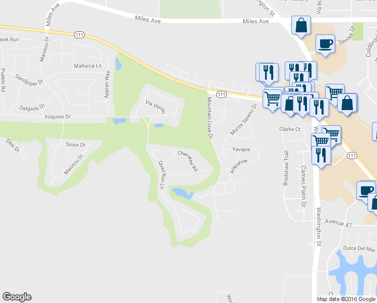 map of restaurants, bars, coffee shops, grocery stores, and more near 77786 Cherokee Rd in Indian Wells