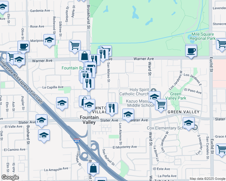map of restaurants, bars, coffee shops, grocery stores, and more near 10197 Pike Avenue in Fountain Valley