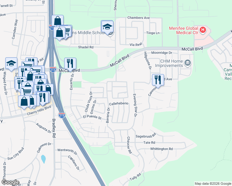 map of restaurants, bars, coffee shops, grocery stores, and more near 27510 Calle Ganado in Menifee
