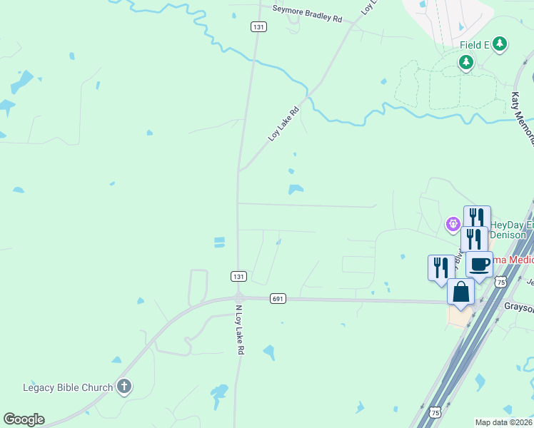 map of restaurants, bars, coffee shops, grocery stores, and more near 112 River Hills Drive in Denison
