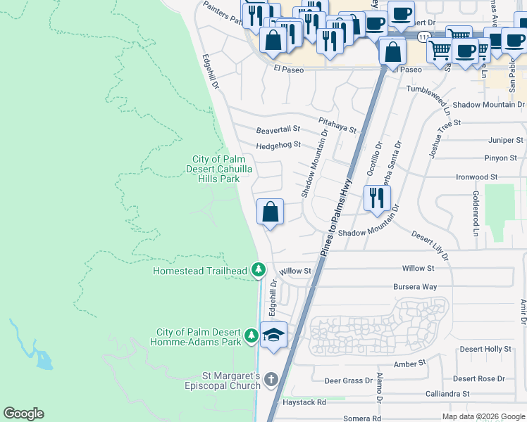 map of restaurants, bars, coffee shops, grocery stores, and more near 125 Vista Oro in Palm Desert