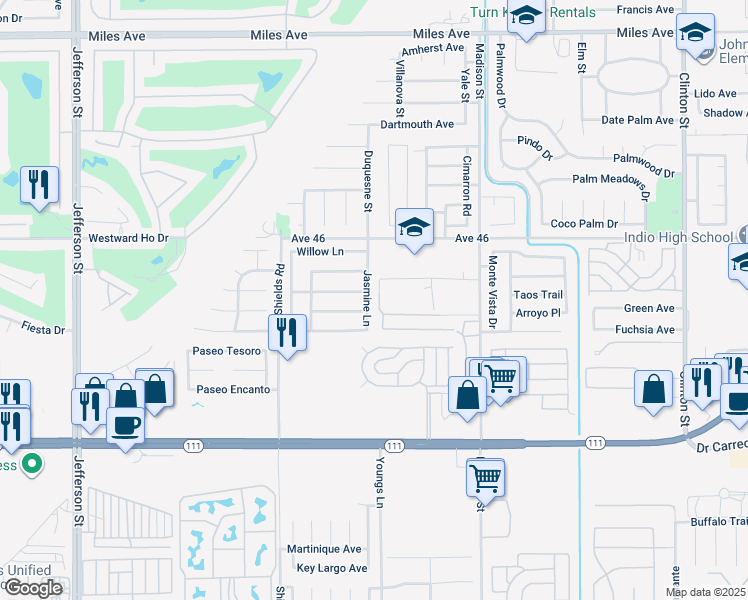 map of restaurants, bars, coffee shops, grocery stores, and more near 46314 Jasmine Lane in Indio
