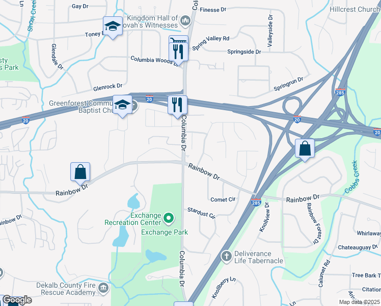 map of restaurants, bars, coffee shops, grocery stores, and more near 2550 Columbia Crossing Court in Decatur