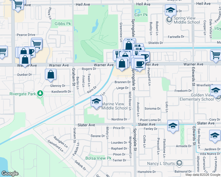 map of restaurants, bars, coffee shops, grocery stores, and more near 17192 Apel Lane in Huntington Beach