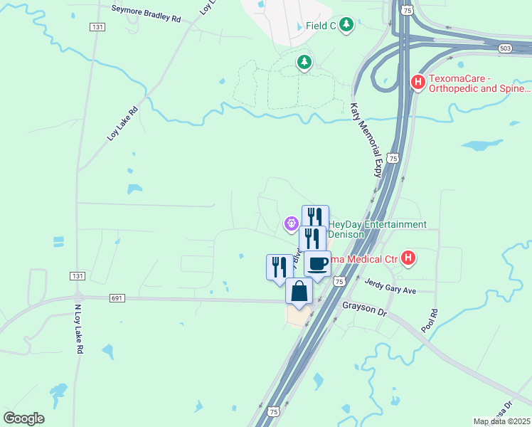 map of restaurants, bars, coffee shops, grocery stores, and more near 3415 Southbend Drive in Denison
