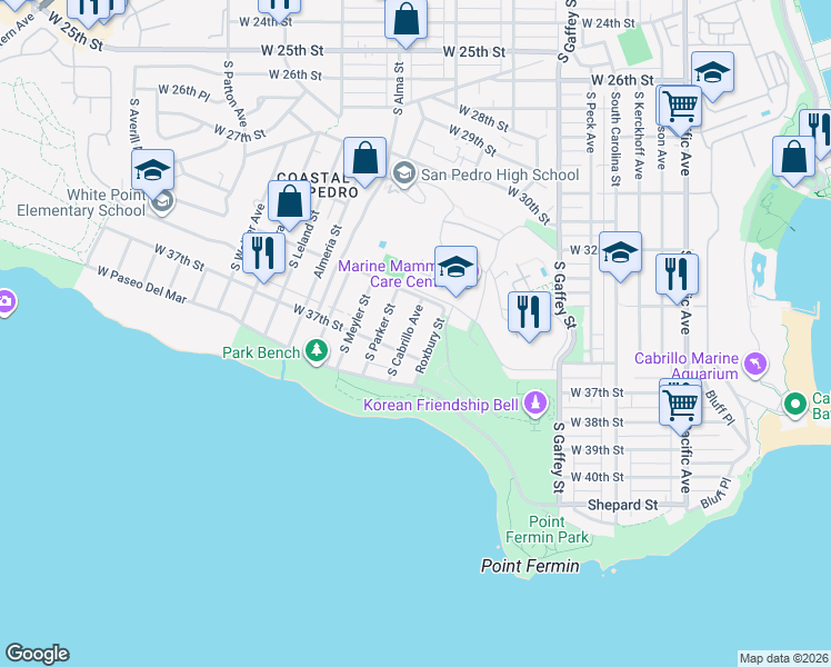 map of restaurants, bars, coffee shops, grocery stores, and more near 3636 South Cabrillo Avenue in Los Angeles