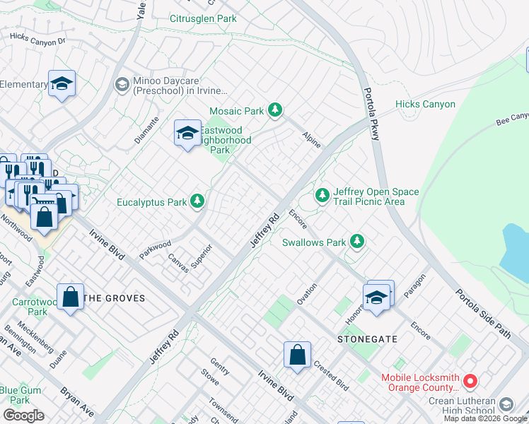 map of restaurants, bars, coffee shops, grocery stores, and more near 71 Tollson in Irvine