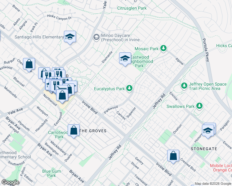 map of restaurants, bars, coffee shops, grocery stores, and more near 114 Guinness in Irvine
