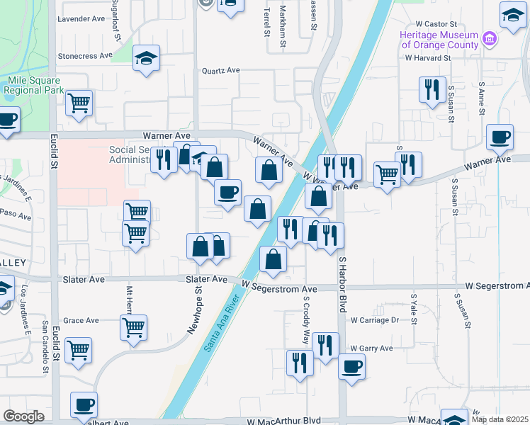 map of restaurants, bars, coffee shops, grocery stores, and more near 17230 Newhope Street in Fountain Valley