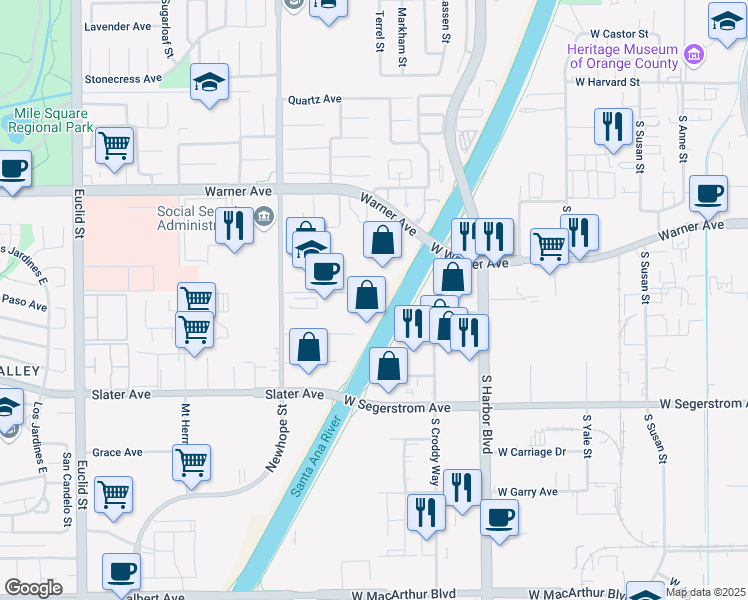 map of restaurants, bars, coffee shops, grocery stores, and more near 17230 Newhope Street in Fountain Valley