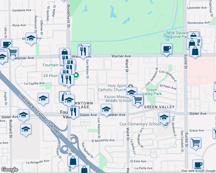 map of restaurants, bars, coffee shops, grocery stores, and more near 10362 Avenida Cinco De Mayo in Fountain Valley