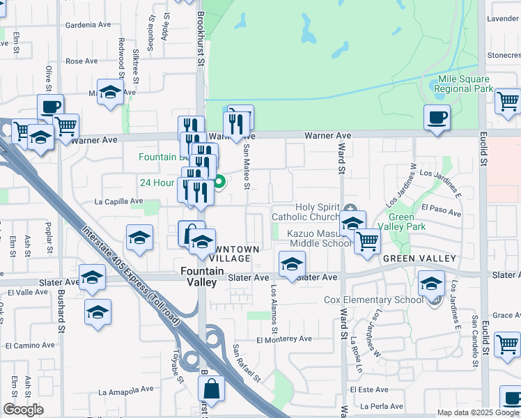 map of restaurants, bars, coffee shops, grocery stores, and more near 10197 Pike Avenue in Fountain Valley