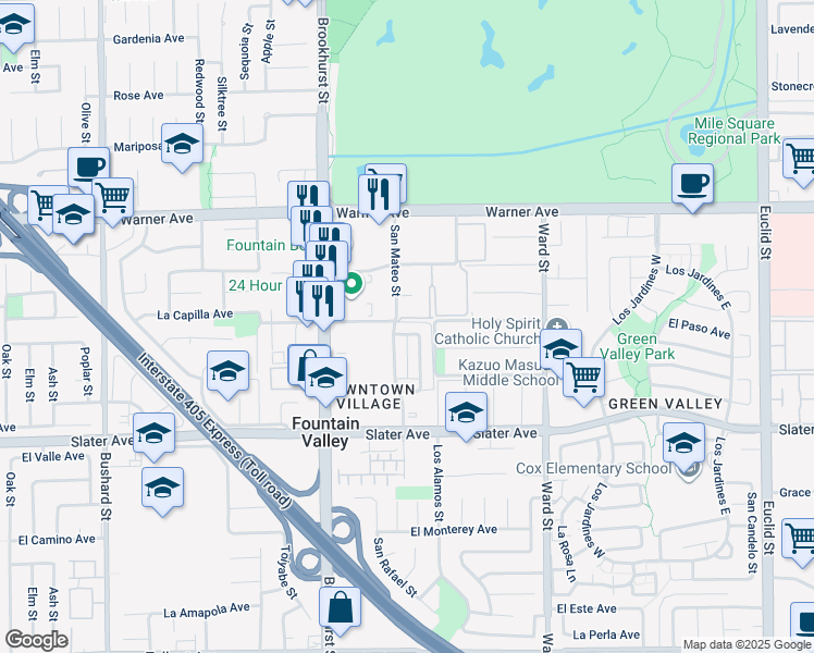 map of restaurants, bars, coffee shops, grocery stores, and more near 10197 Pike Avenue in Fountain Valley