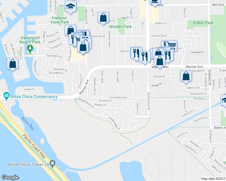 map of restaurants, bars, coffee shops, grocery stores, and more near 17191 Hillside Circle in Huntington Beach