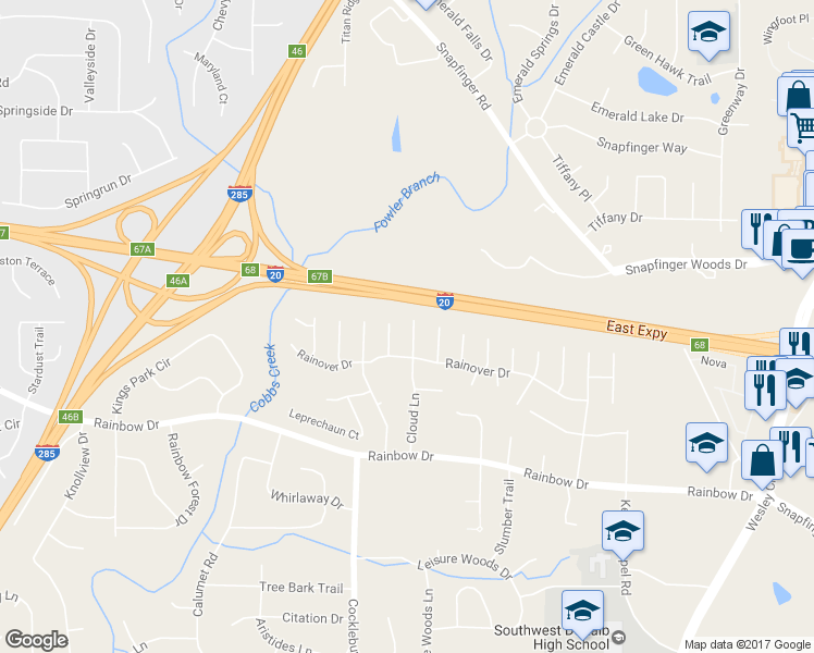 map of restaurants, bars, coffee shops, grocery stores, and more near 2557 Cloud Lane in Decatur