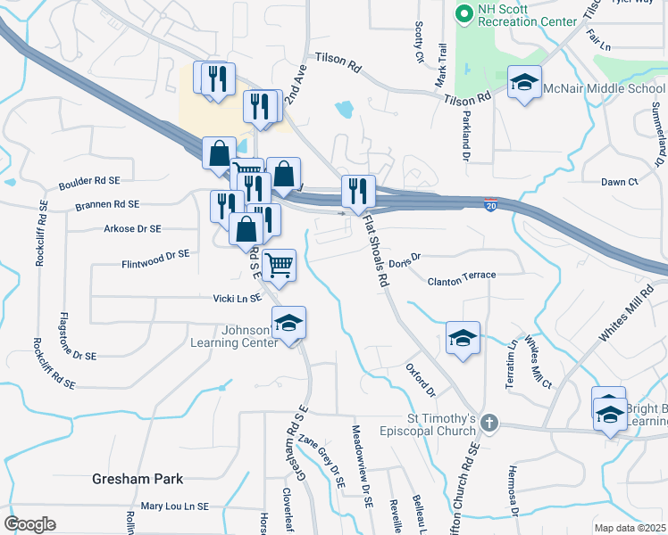 map of restaurants, bars, coffee shops, grocery stores, and more near 2041 West Flat Shoals Terrace in Decatur