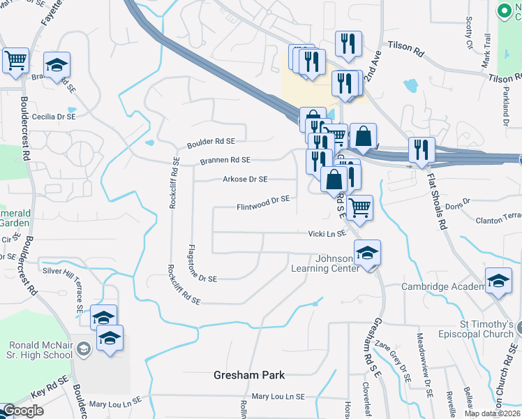 map of restaurants, bars, coffee shops, grocery stores, and more near 1604 Flintwood Drive Southeast in Atlanta
