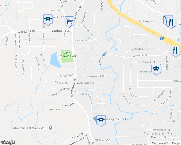 map of restaurants, bars, coffee shops, grocery stores, and more near 2605 Clifton Downs Trail in Atlanta