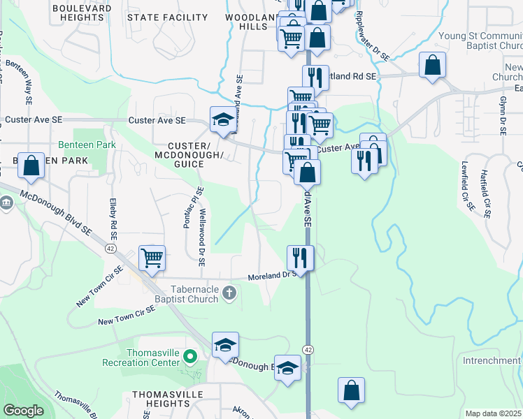 map of restaurants, bars, coffee shops, grocery stores, and more near 1581 Woodland Circle Southeast in Atlanta