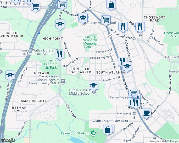 map of restaurants, bars, coffee shops, grocery stores, and more near 156 Moury Avenue Southeast in Atlanta