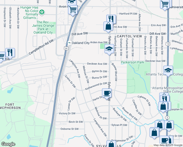map of restaurants, bars, coffee shops, grocery stores, and more near 1018 Byron Drive Southwest in Atlanta