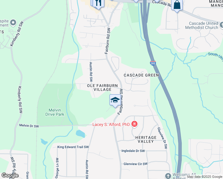 map of restaurants, bars, coffee shops, grocery stores, and more near 3648 Garrison Drive Southwest in Atlanta
