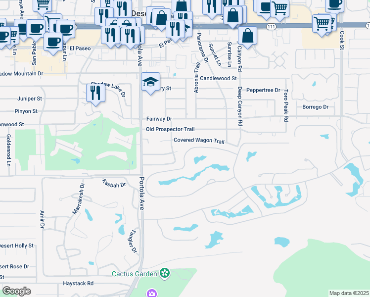 map of restaurants, bars, coffee shops, grocery stores, and more near 74150 Quail Lakes Drive in Indian Wells