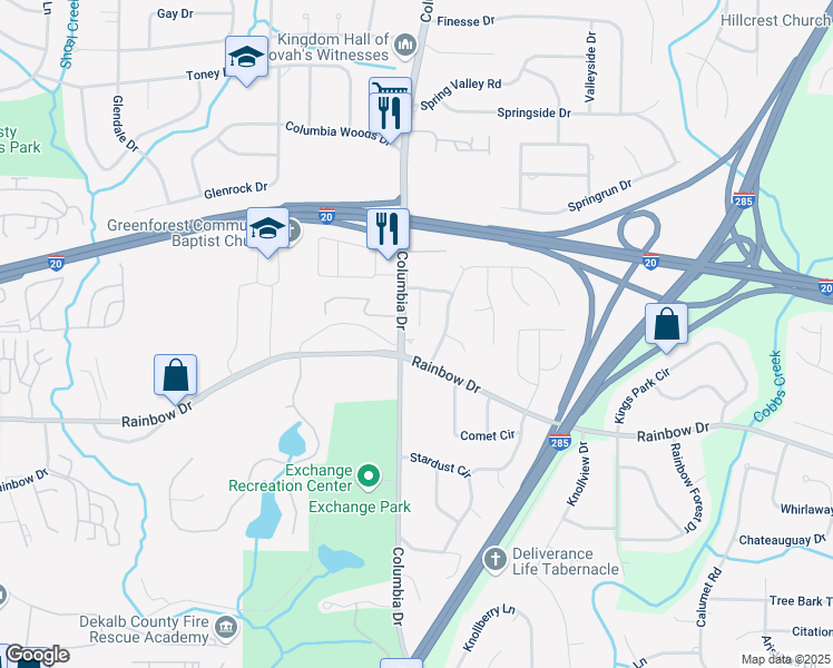 map of restaurants, bars, coffee shops, grocery stores, and more near 2550 Columbia Crossing Court in Decatur
