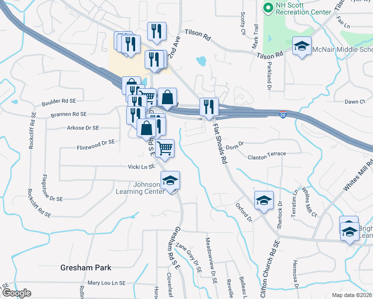 map of restaurants, bars, coffee shops, grocery stores, and more near 2019 West Flat Shoals Terrace in Decatur