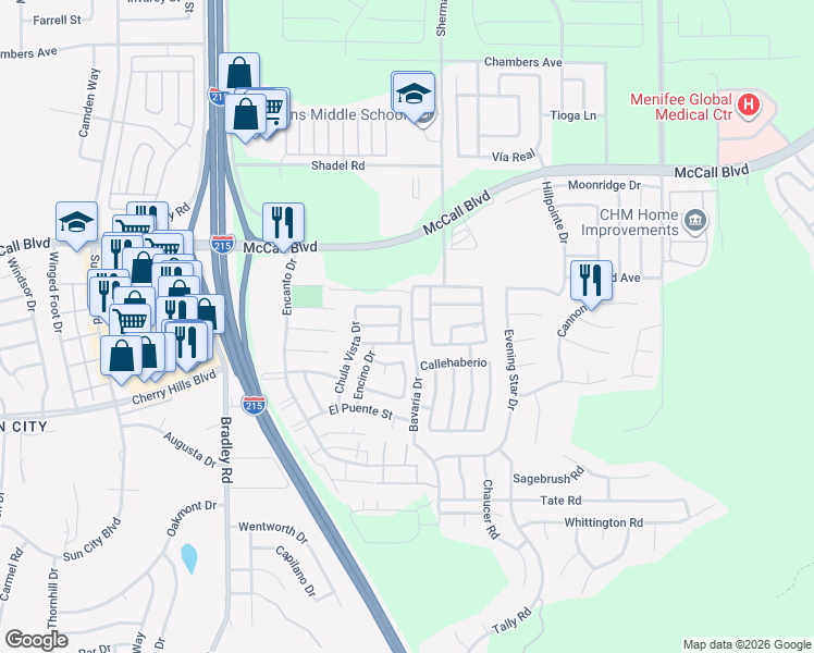map of restaurants, bars, coffee shops, grocery stores, and more near 28116 Gardena Drive in Menifee