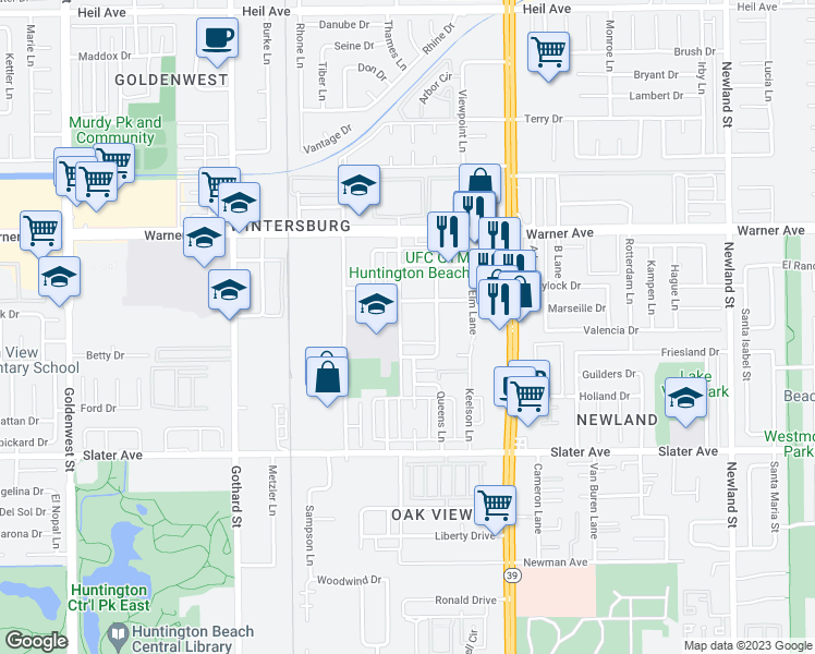 map of restaurants, bars, coffee shops, grocery stores, and more near 17212 Oak Lane in Huntington Beach
