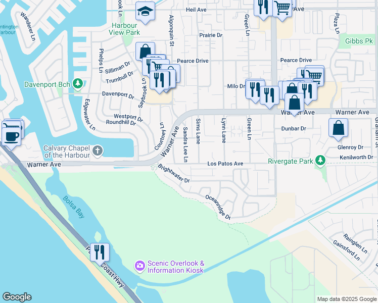 map of restaurants, bars, coffee shops, grocery stores, and more near 17182 Sandra Lee Lane in Huntington Beach