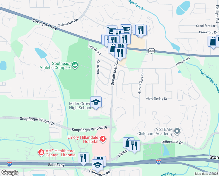map of restaurants, bars, coffee shops, grocery stores, and more near 5936 Ravensway Court in Lithonia