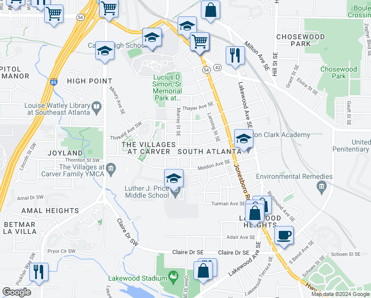 map of restaurants, bars, coffee shops, grocery stores, and more near 74 Moury Avenue Southeast in Atlanta