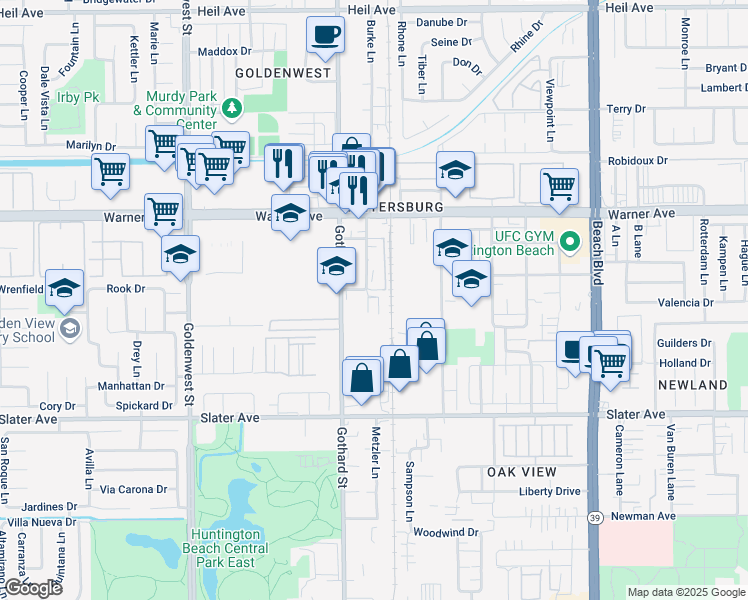 map of restaurants, bars, coffee shops, grocery stores, and more near 7422 Cedar Drive in Huntington Beach