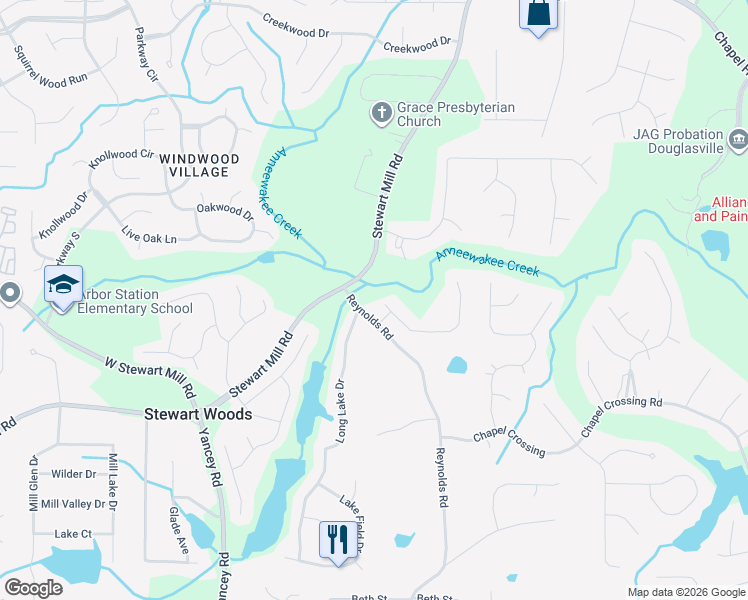 map of restaurants, bars, coffee shops, grocery stores, and more near 5199 Calgary Drive in Douglasville