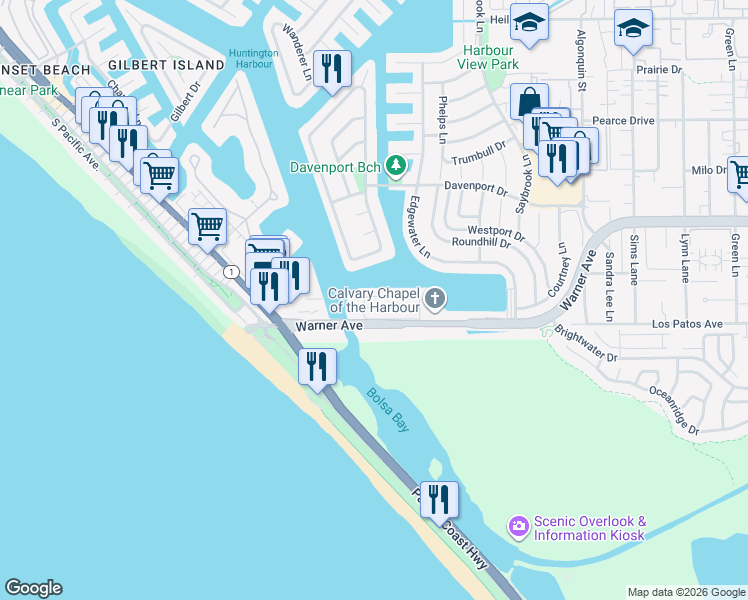 map of restaurants, bars, coffee shops, grocery stores, and more near 3954 Aladdin Drive in Huntington Beach