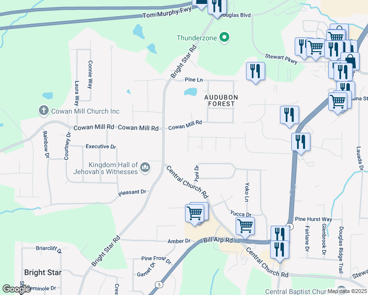 map of restaurants, bars, coffee shops, grocery stores, and more near 3425 Lois Lane in Douglasville
