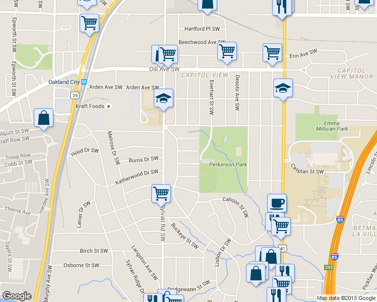 map of restaurants, bars, coffee shops, grocery stores, and more near Burchill Street Southwest in Atlanta
