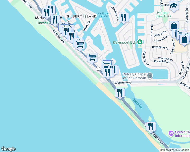 map of restaurants, bars, coffee shops, grocery stores, and more near 17167 Pacific Coast Highway in Huntington Beach