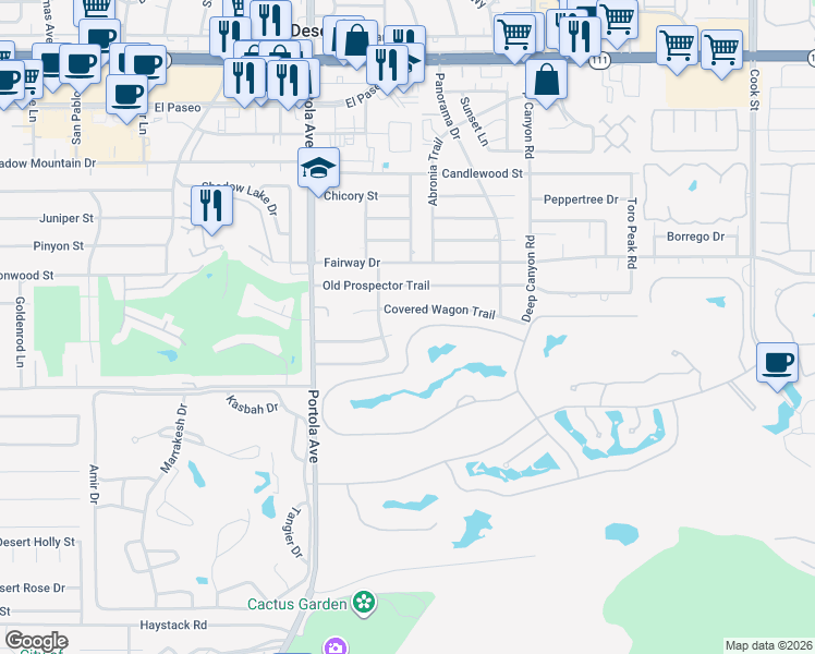 map of restaurants, bars, coffee shops, grocery stores, and more near 74150 Quail Lakes Drive in Indian Wells