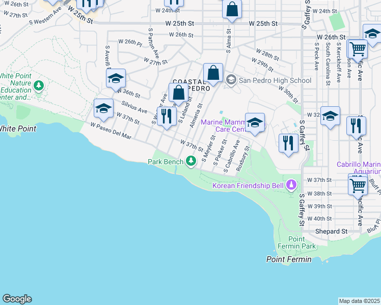 map of restaurants, bars, coffee shops, grocery stores, and more near 3713 South Emily Street in San Pedro