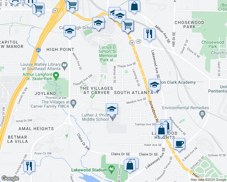 map of restaurants, bars, coffee shops, grocery stores, and more near 94 Moury Avenue Southeast in Atlanta